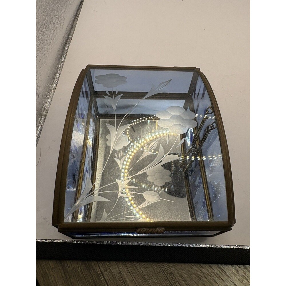 Vintage Via Vermont Blue Glass Brass Casket Trinket Jewelry Box Hinged Lid